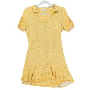 American Eagle Yellow Babydoll Dress White Ditsy Flowers S Button Up Collared